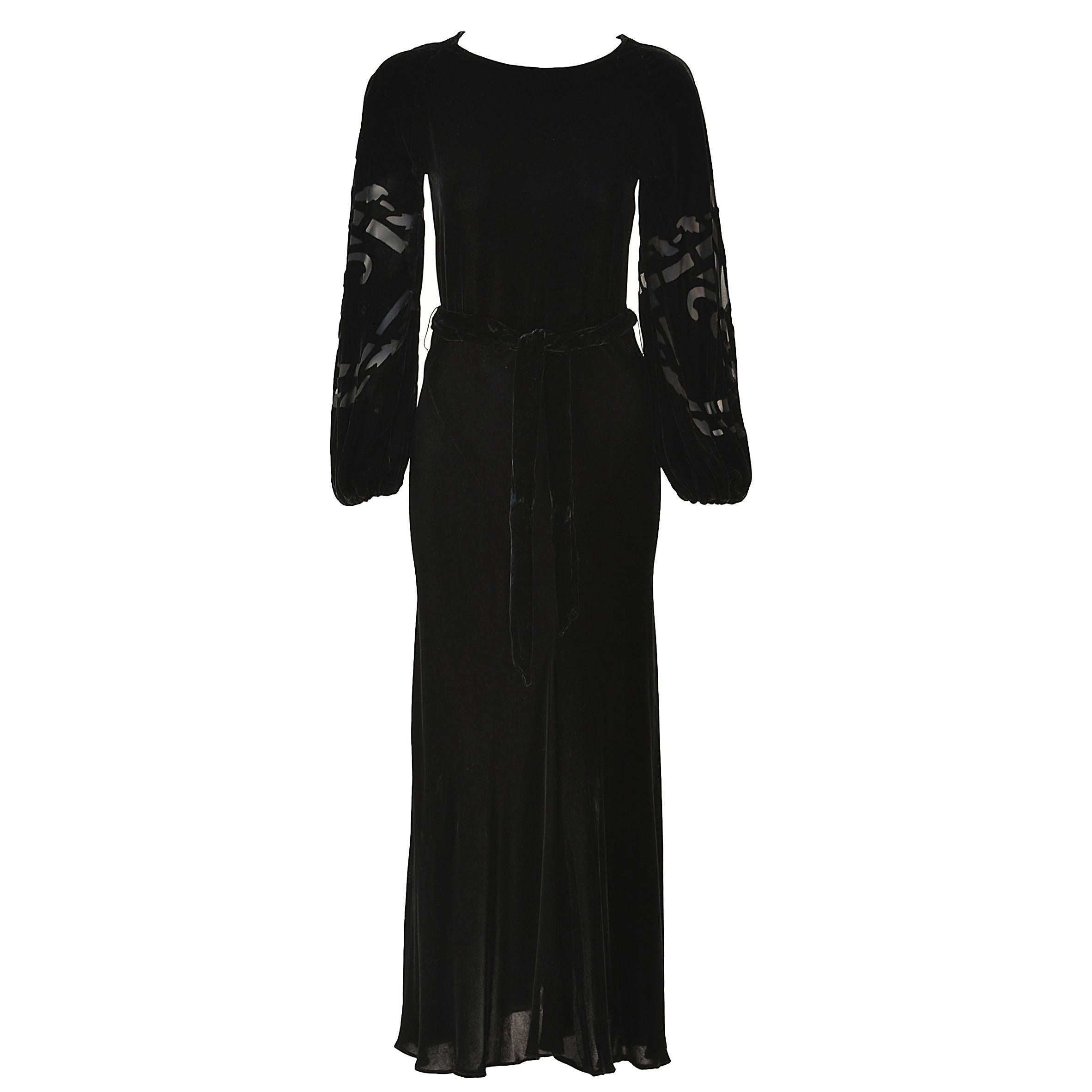 Larry Aldrich Black Velvet Midi Dress with Silk Burnout Sleeves XS , 1970s  For Sale