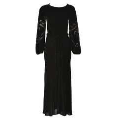 Vintage Larry Aldrich Black Velvet Midi Dress with Silk Burnout Sleeves XS , 1970s 