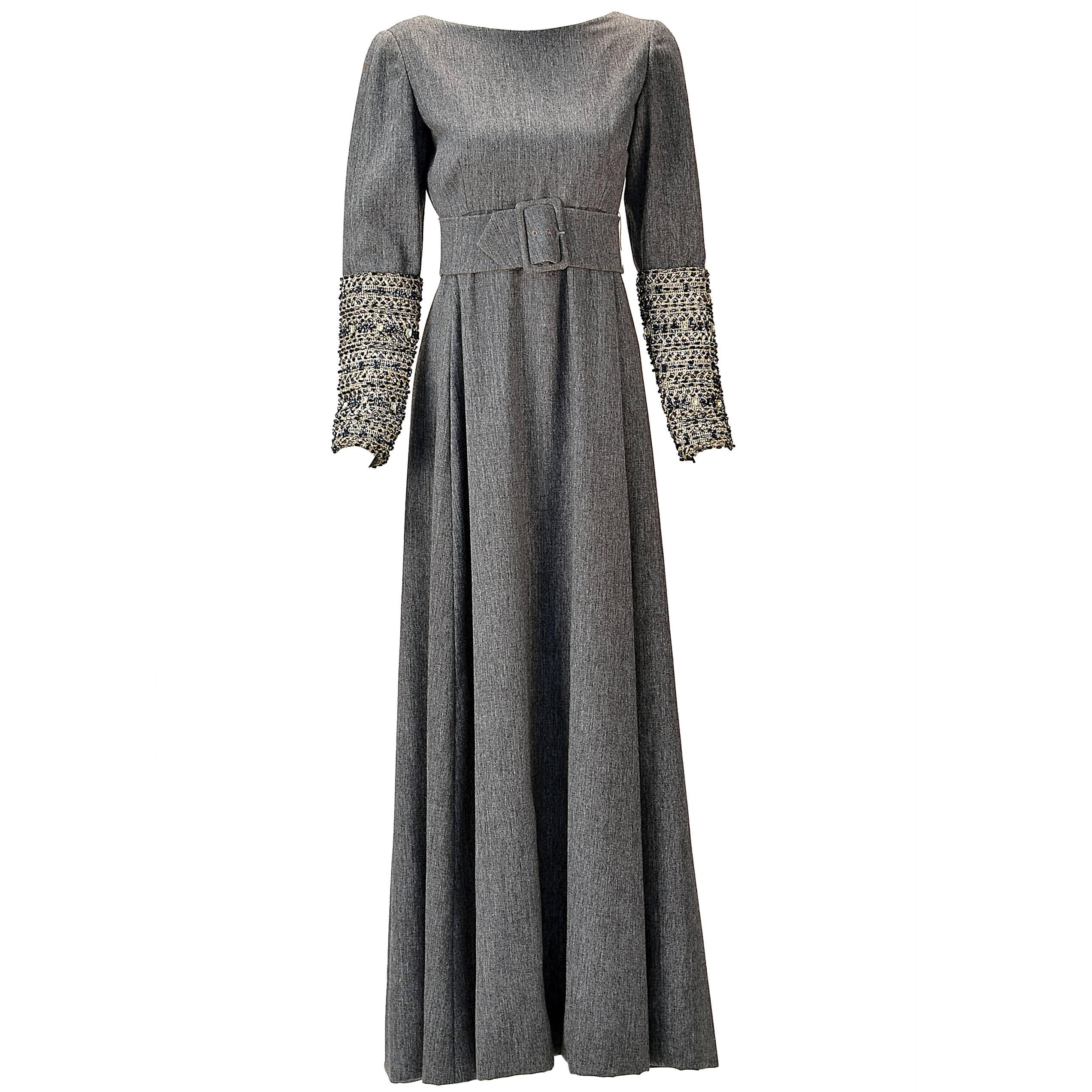 Malcolm Starr Grey Formal Maxi Dress with Embellished Sleeves, 1960s  For Sale