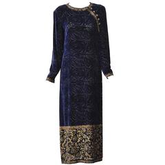 1990s Oscar de la Renta Midnight Blue Silk Burnout Dress