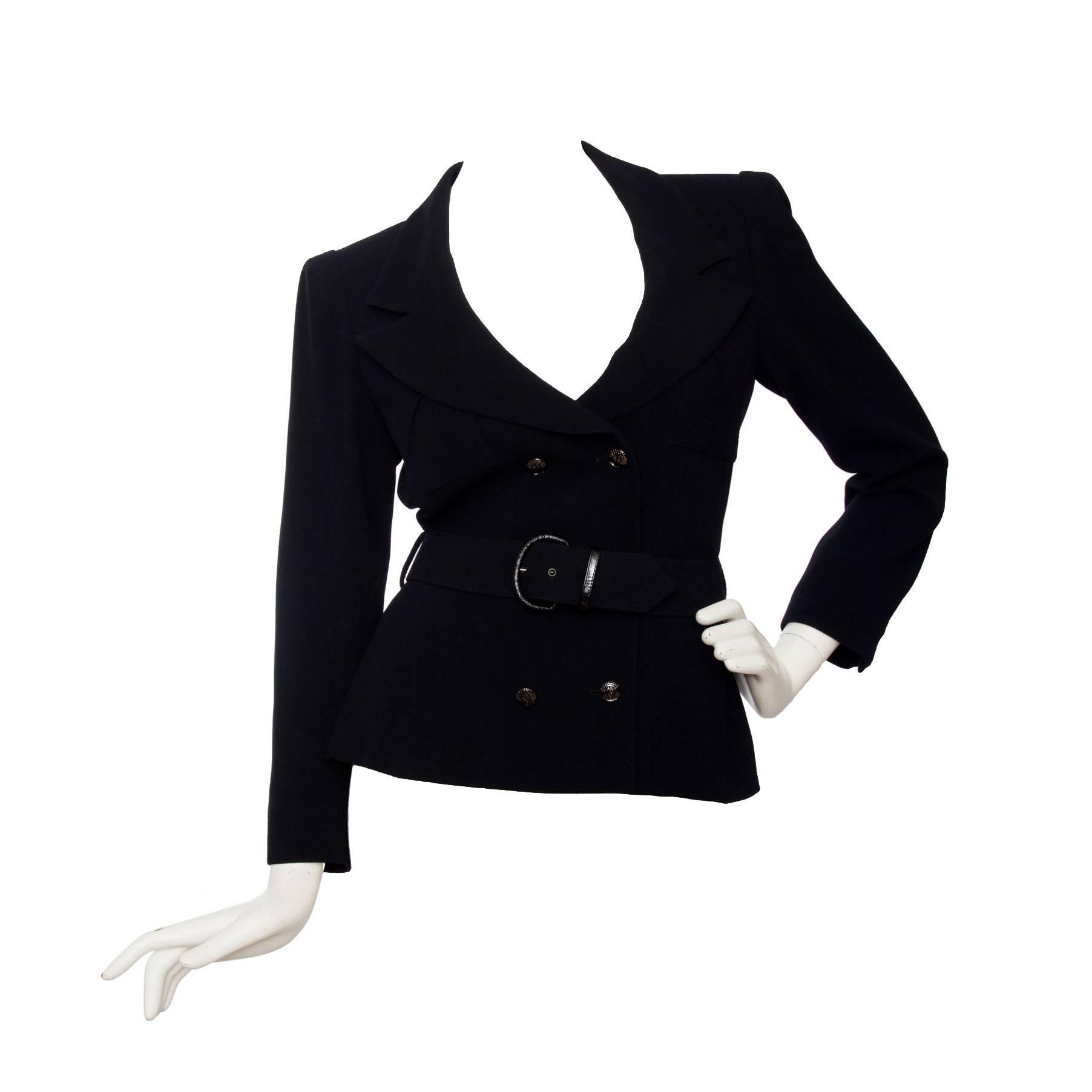 1980s Black Wool Karl Lagerfeld Beltet Blazer For Sale