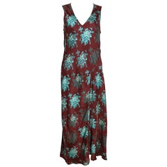 90s Dries Van Noten Burgundy Floral Print Maxi Dress