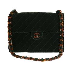 Chanel Green Velvet Quilted Purse With Tortoise Chain