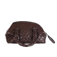 Chanel Brown Patent Leather Quilted Ligne Bowler Bag 