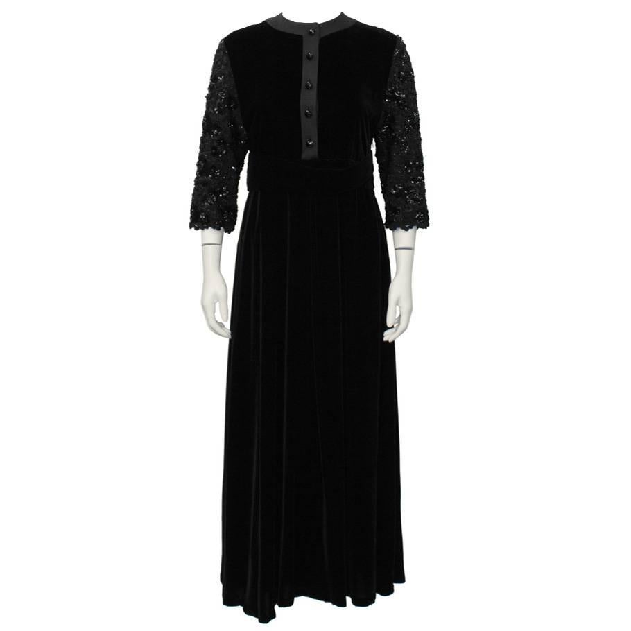 1980's Scherrer Black Velvet Dress with Beaded Sleeves  For Sale