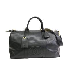 Vintage Chanel Black Caviar Leather and Gold Hardware Garment Travel Duffle Bag