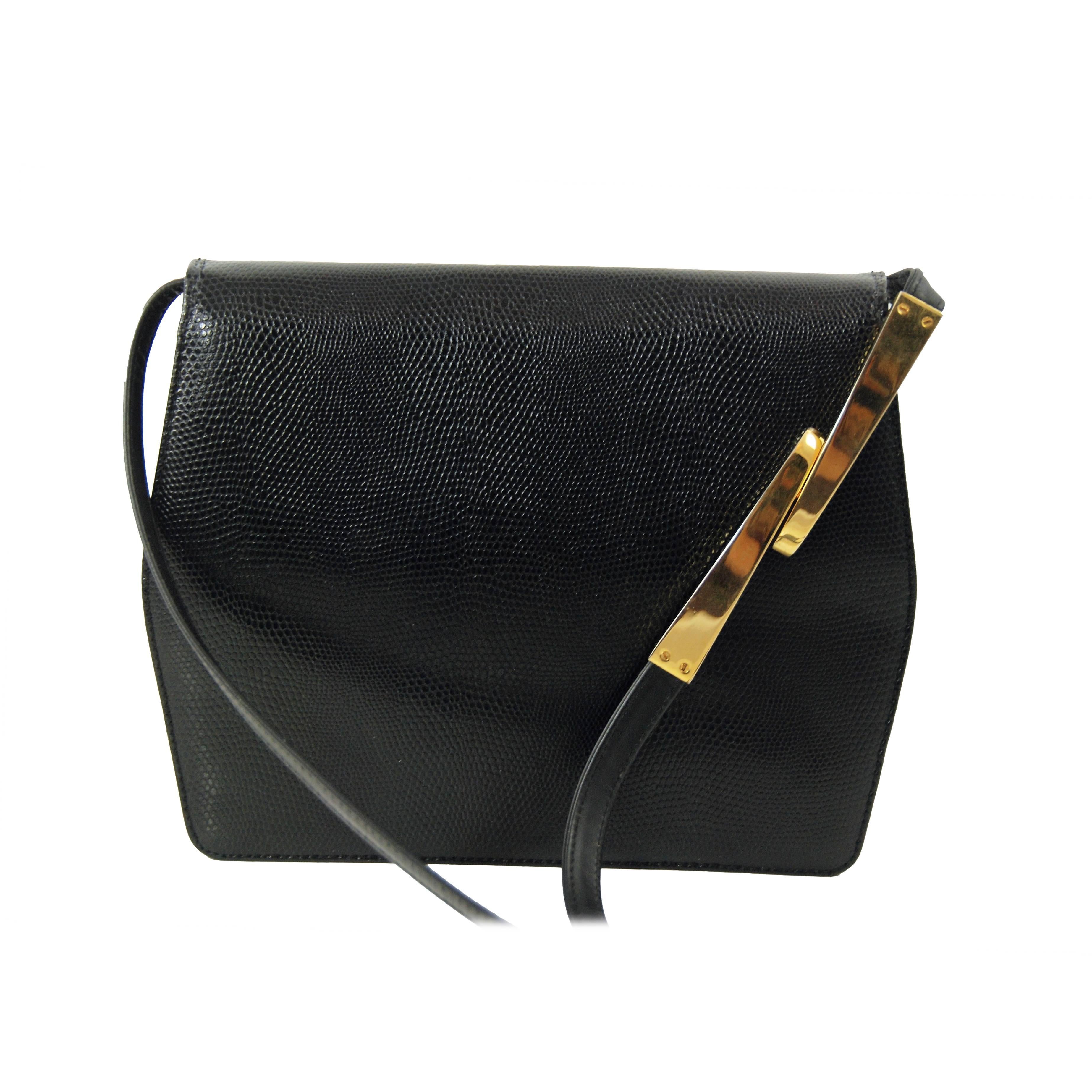 Rodo Black Lizard Shoulder Bag with Modernist Brass Detail For Sale