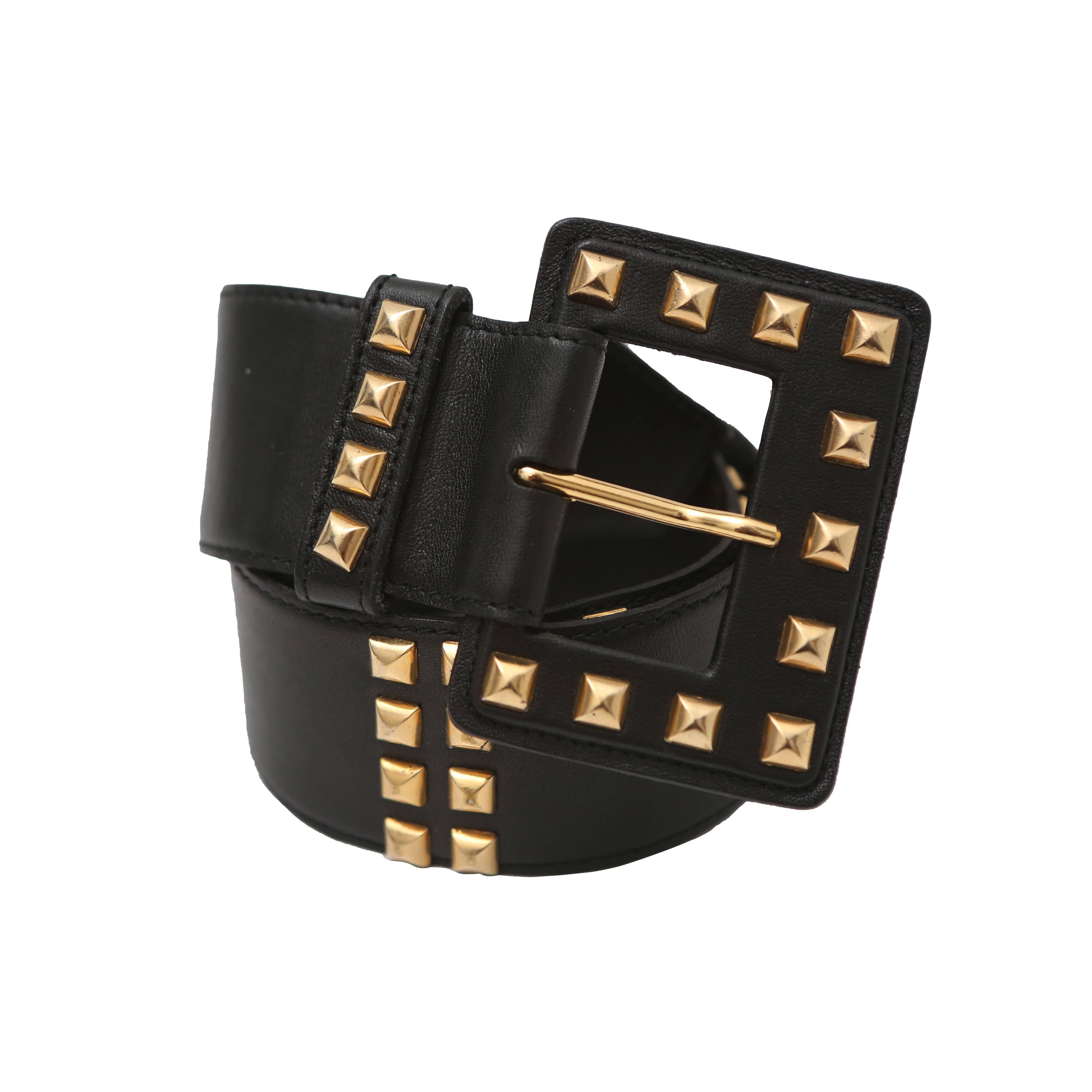 Saint Laurent Black Leather Belt with Gold Studs