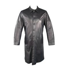 PRADA Men's 44 Long Black Leather Collared Button Up Coat