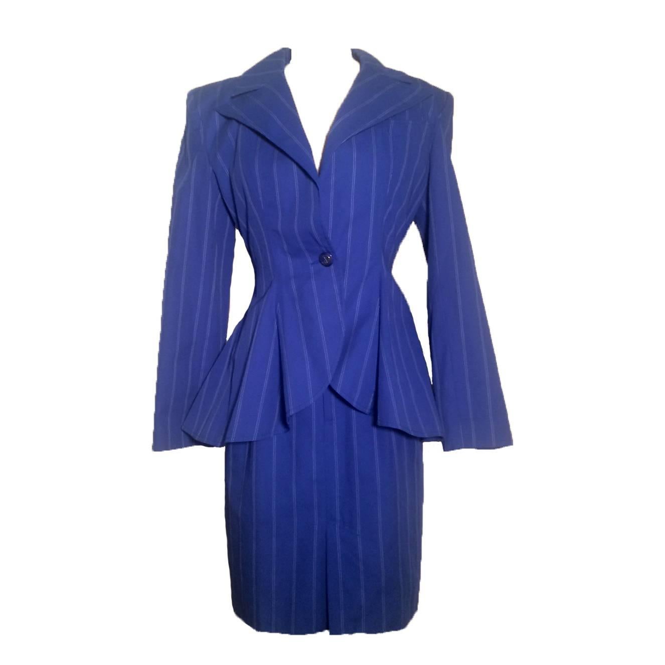 Patrick Kelly 1980s Blue & White Pinstripe Peplum Skirt Suit with Anchor Buttons