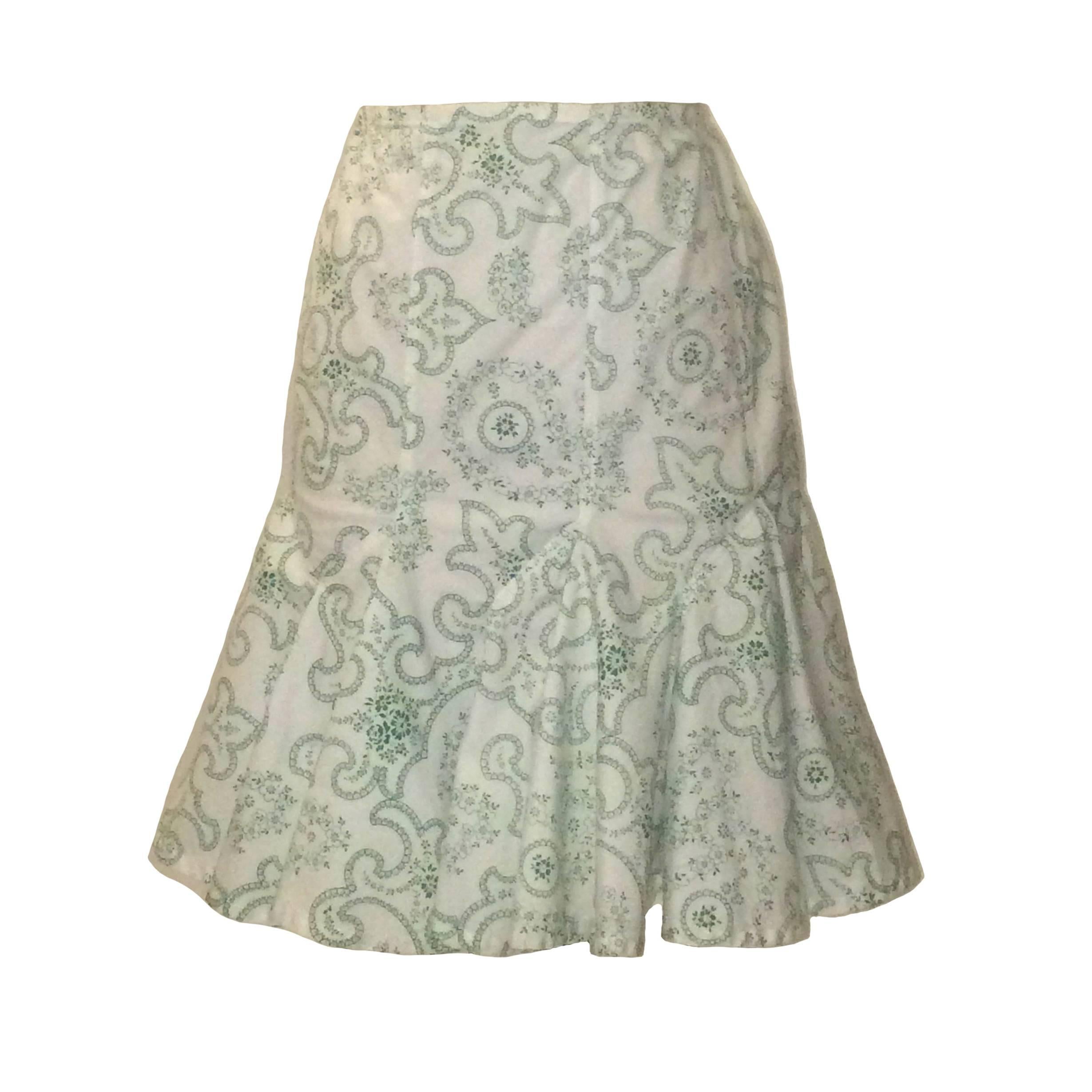 Alaia White and Green Floral Paisley Flair Bottom Pencil Skirt 