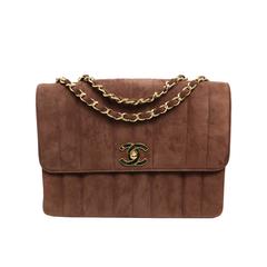 Vintage Chanel Brown Vertical Quilted Suede Flap Bag