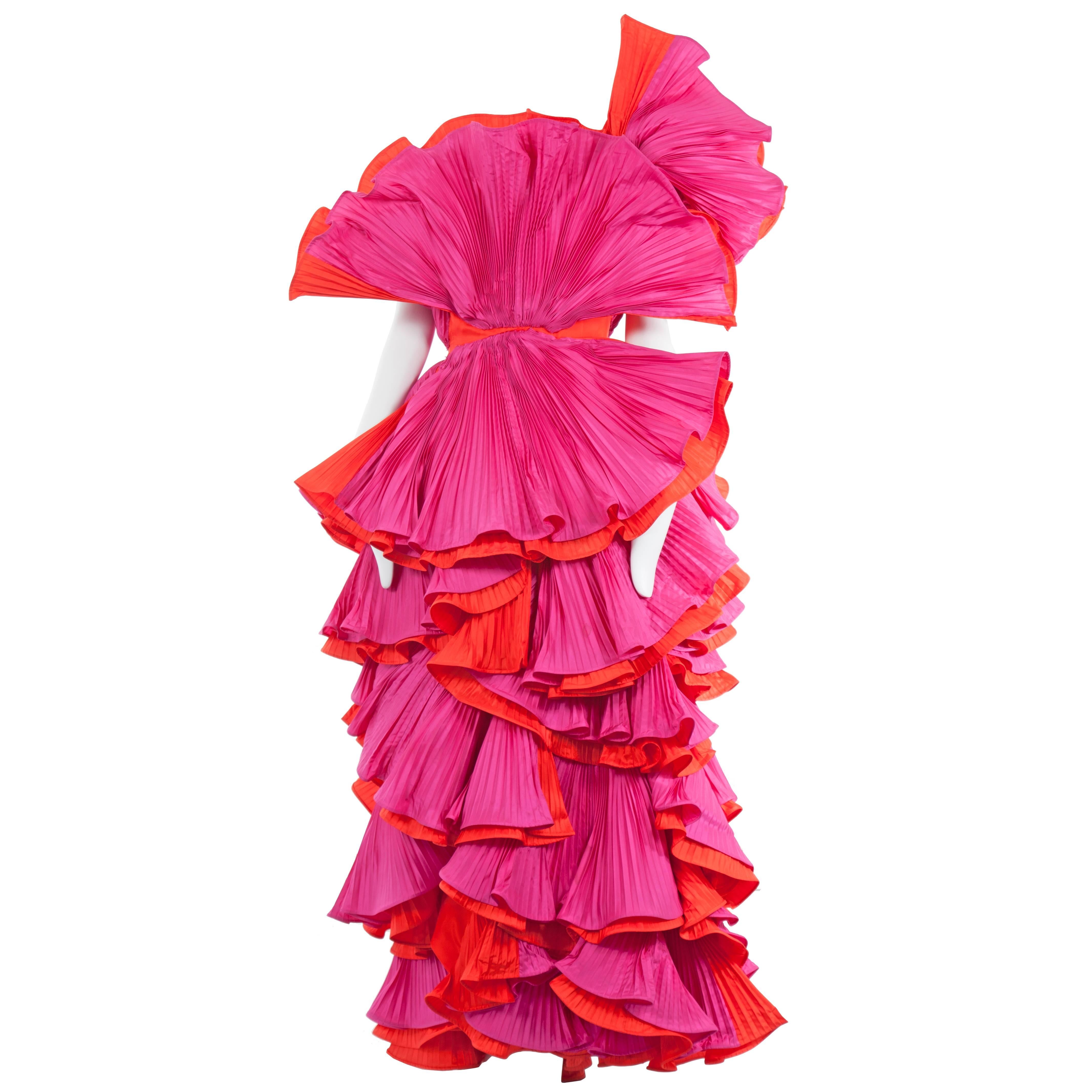 Roberto Capucci pink and red pleated gown, circa 1985 For Sale