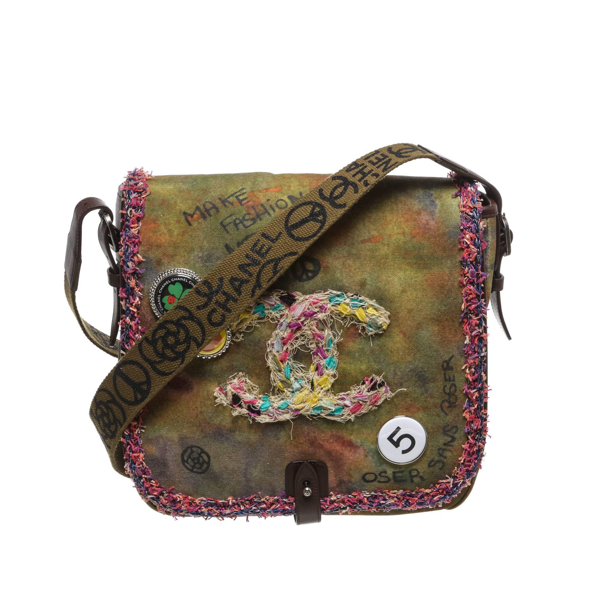 Chanel Brown Canvas Graffiti Messenger 15S Handbag For Sale