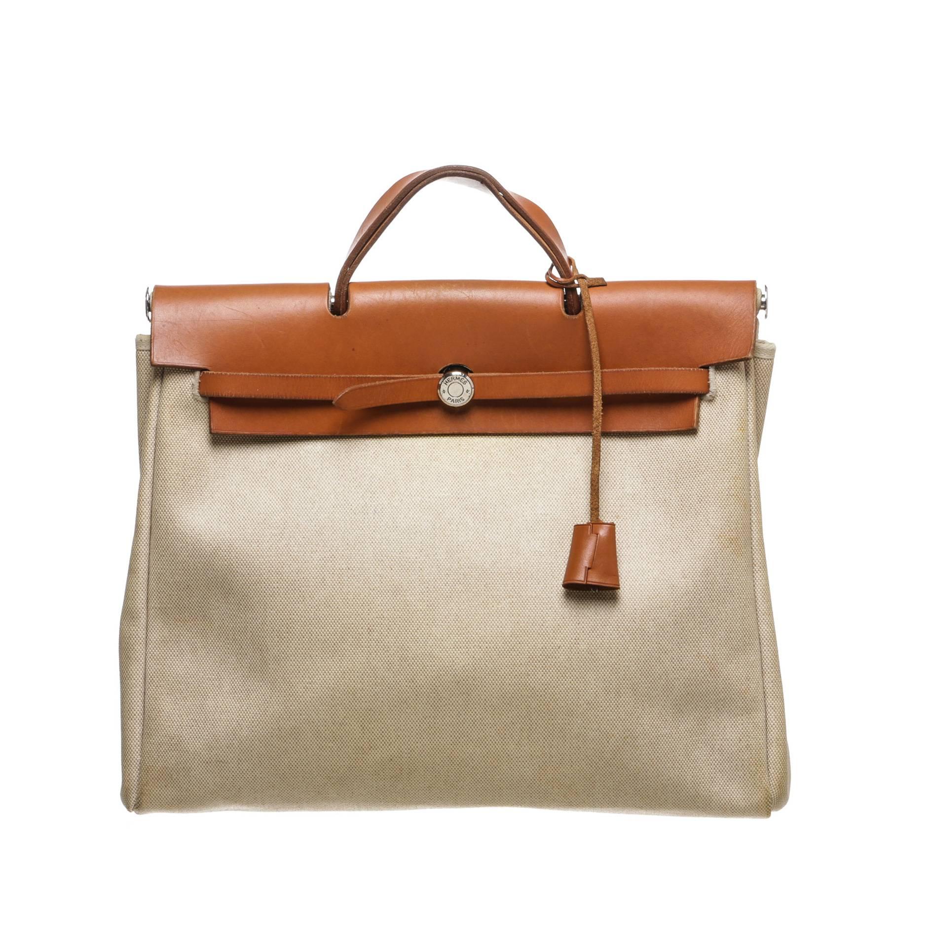  Hermes Toile and Tan Leather Herbag For Sale