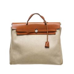 Hermes Toile and Tan Leather Herbag