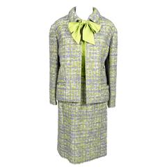 Ramuz Switzerland Vintage Skirt Suit 3pc Lime Green Silk Bow Blouse Boucle Tweed 11