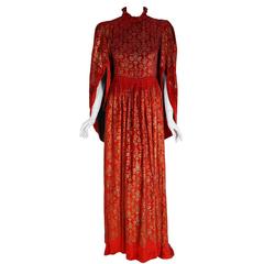 1920's Gallenga Couture Metallic Stenciled Red Velvet Angel-Sleeve Trained Gown 9