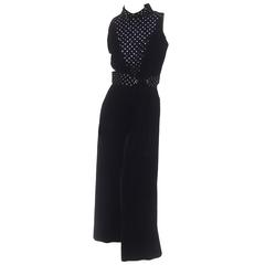 1970s Spectacular Black Silk Velvet Crystal Bodice Jumpsuit 12