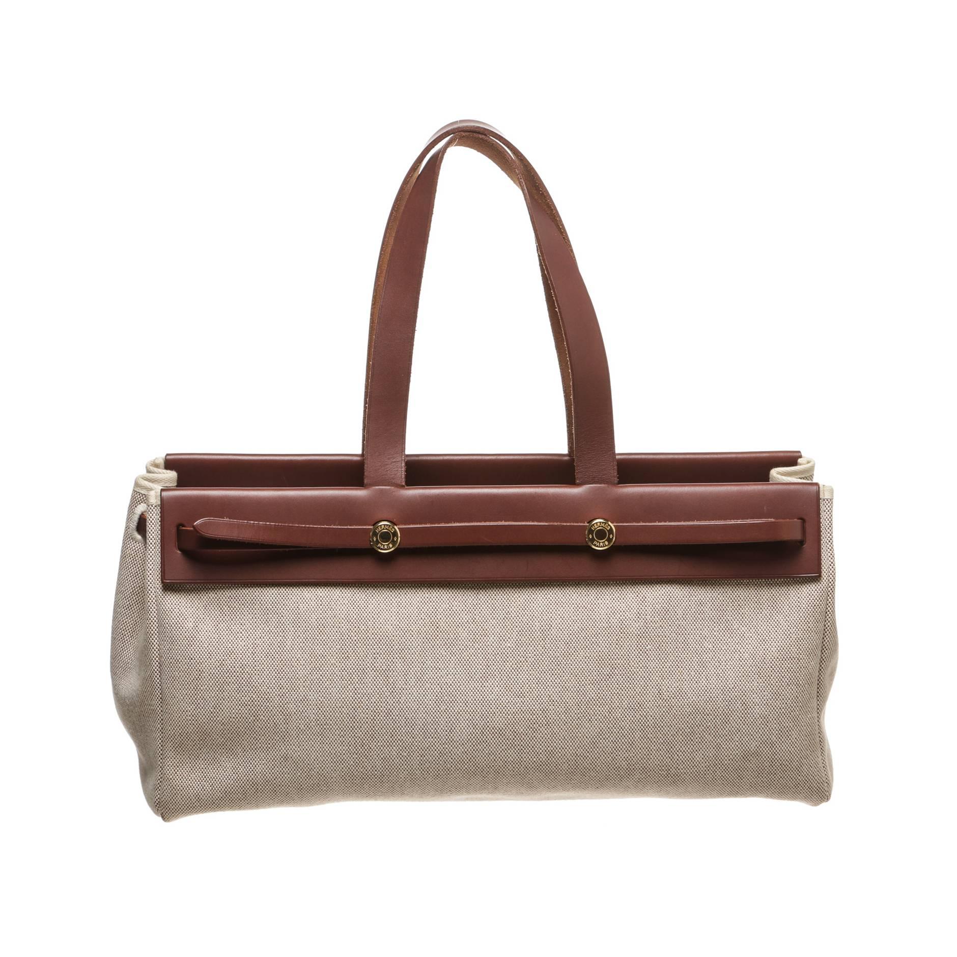 Hermes Beige Toile and Brown Leather Herbag Shoulder Handbag For Sale