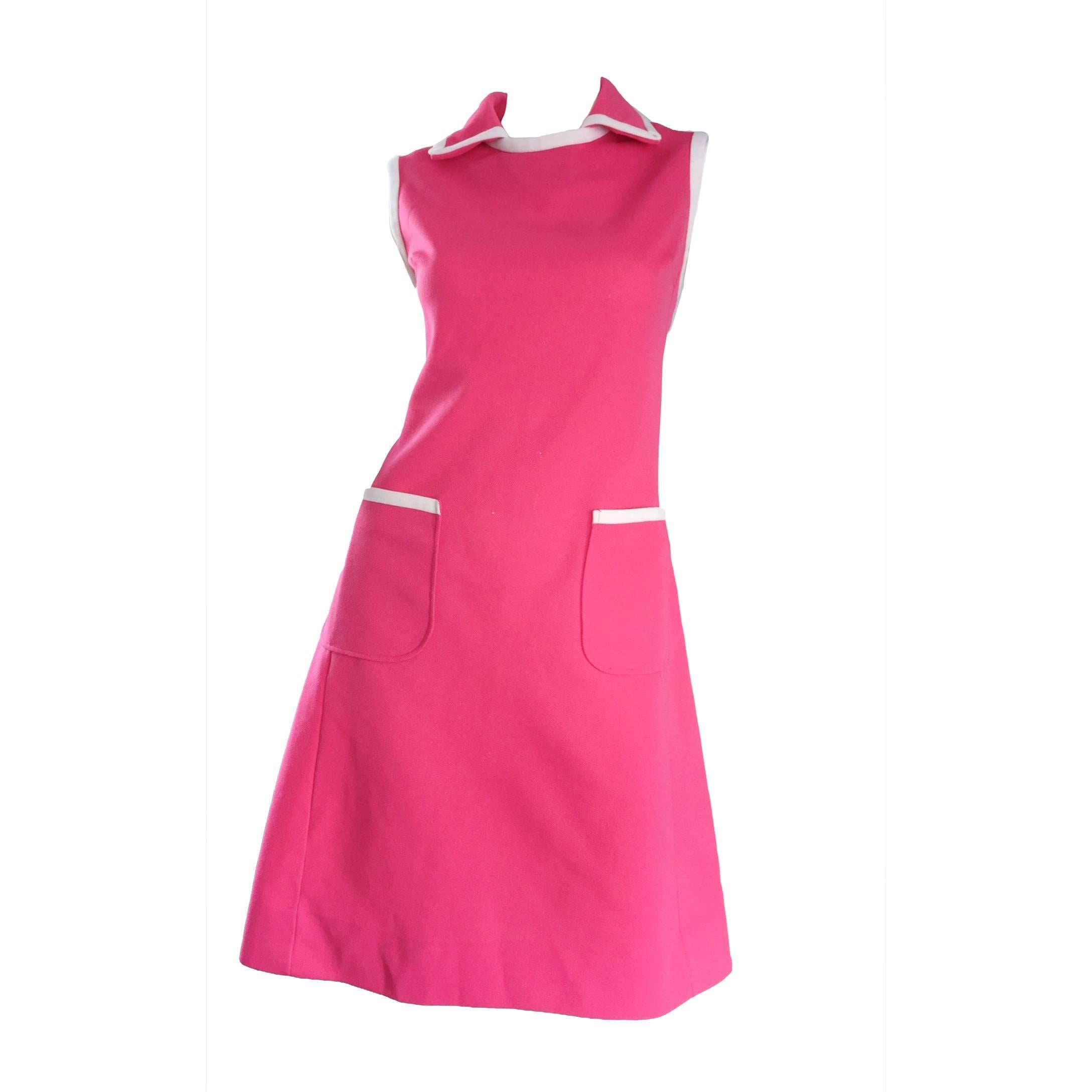 Plus Size Chic Vintage 1960s 60s I. Magnin Hot Pink + White A - Line Knit Dress