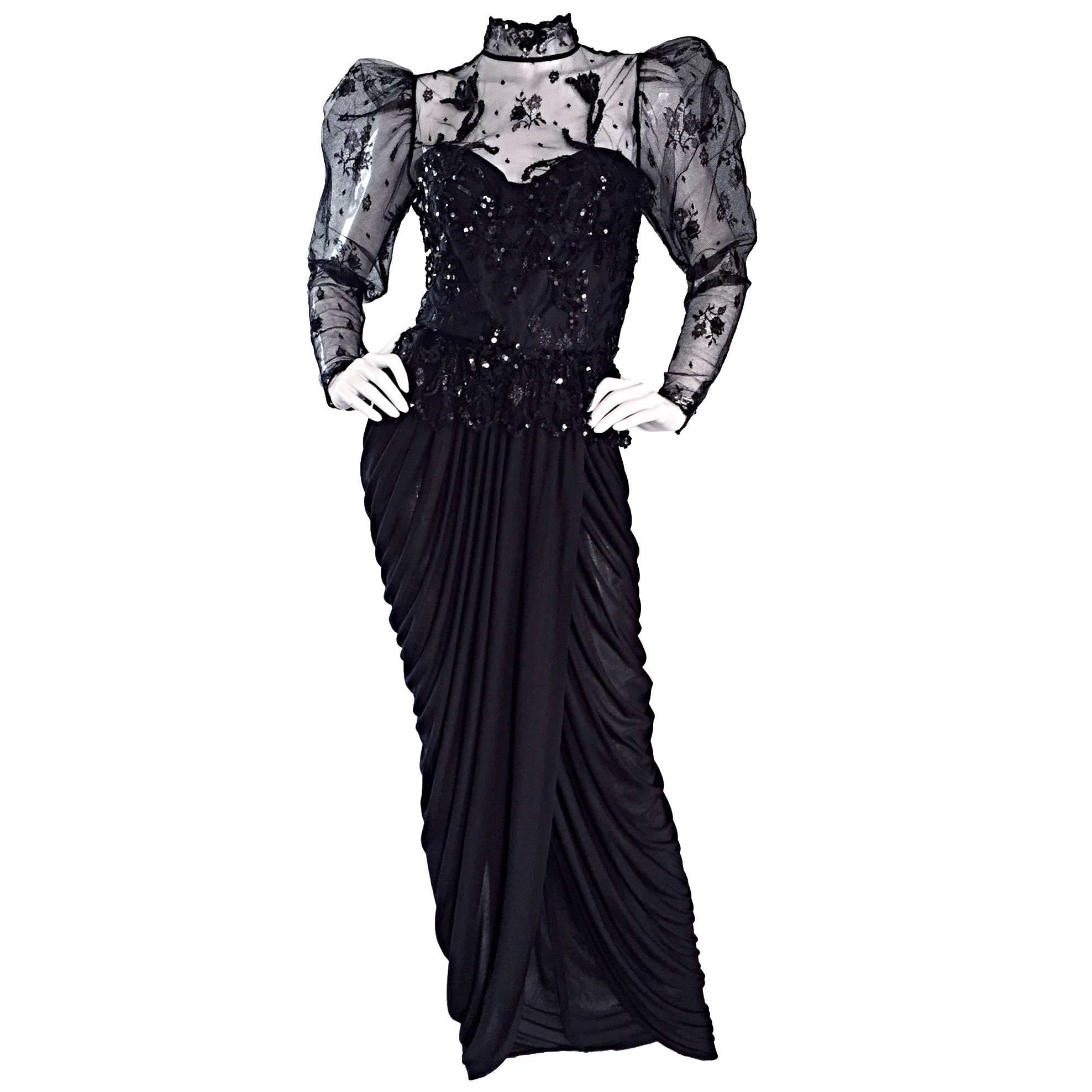 Sensational Vintage Vicky Tiel Black Jersey French Lace Victorian Grecian Dress