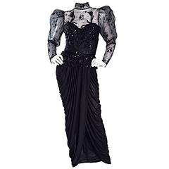 Viktorianisches griechisches Vintage-Kleid von Vicky Tiel aus schwarzem Jersey mit französischer Spitze