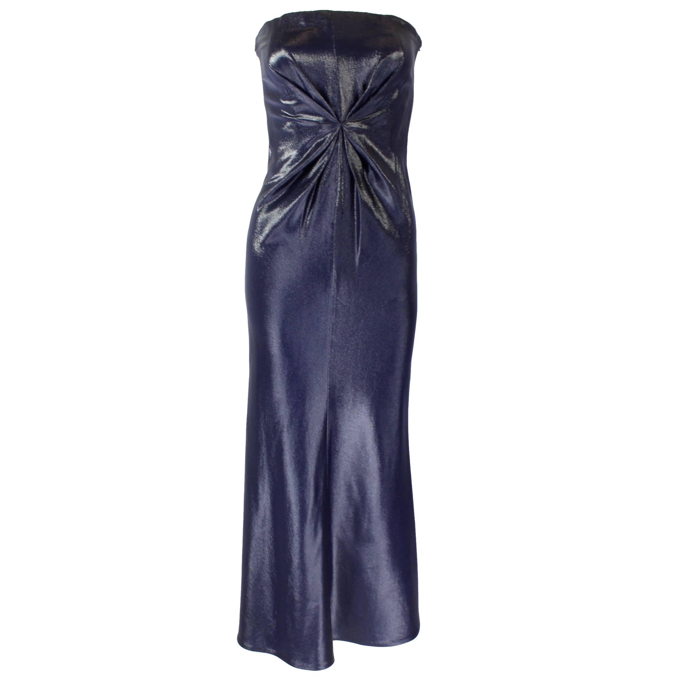 Lifetime Versace Navy Strapless Wet Look Gown with Gathered Detail For Sale