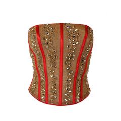 1990s Calignano Couture Red and Gold Rhinestone Bustier
