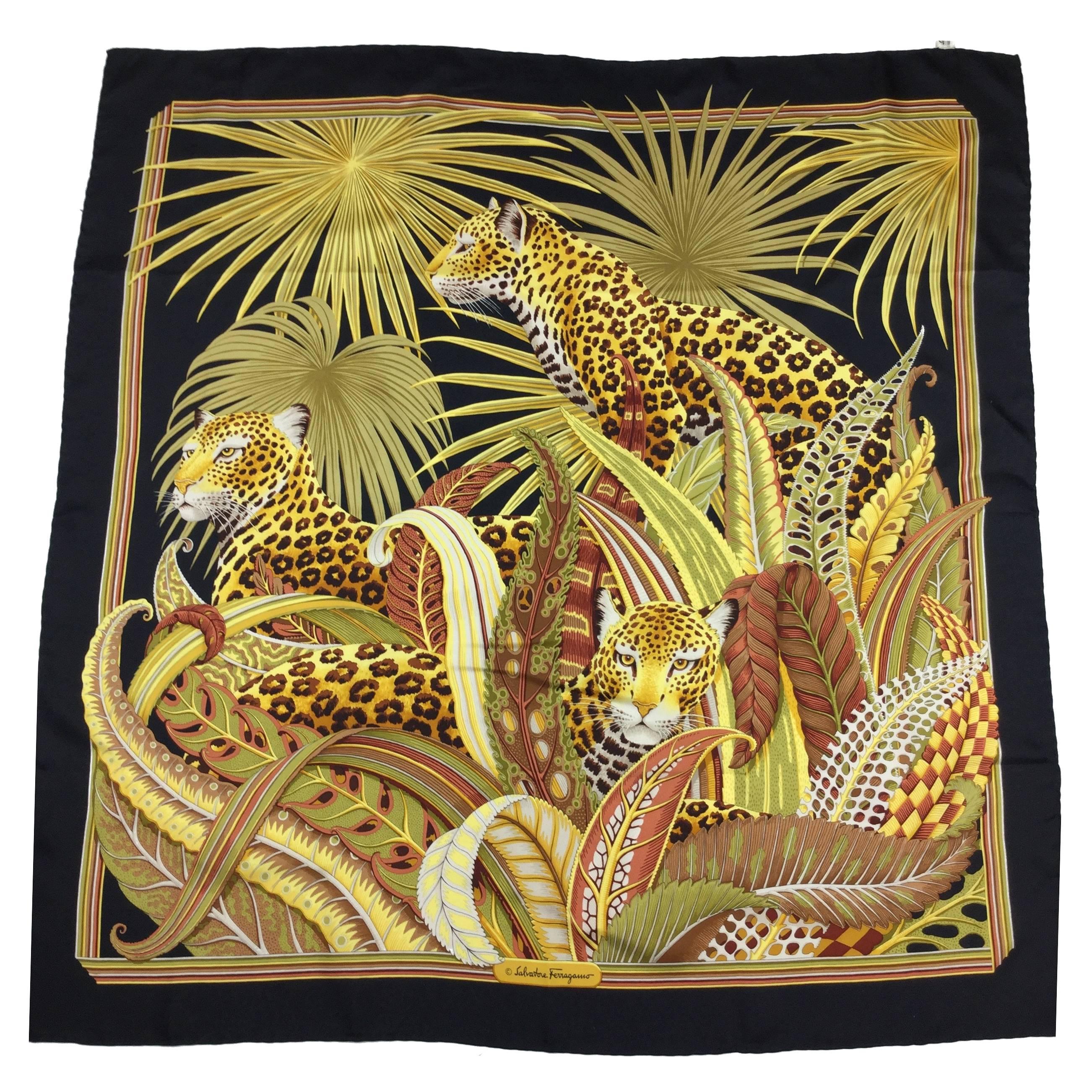 Spectacular Jungle Themed Vintage Silk Scarf By Ferragamo.