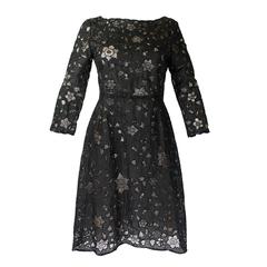 Oscar De La Renta Black Beaded Illusion Lace Organza Cocktail Dress