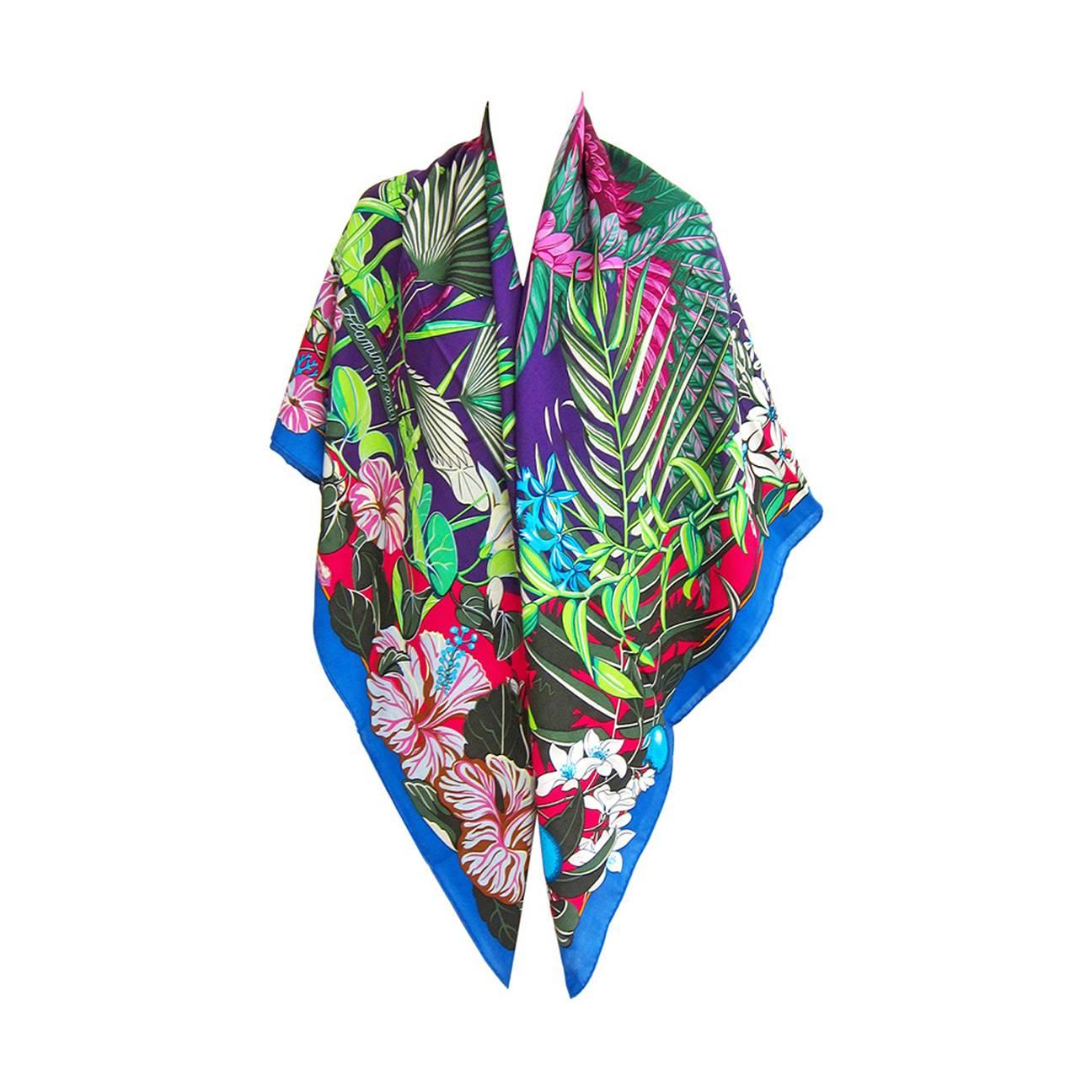 Hermes Flamingo Party Cashmere Silk GM Shawl 140cm