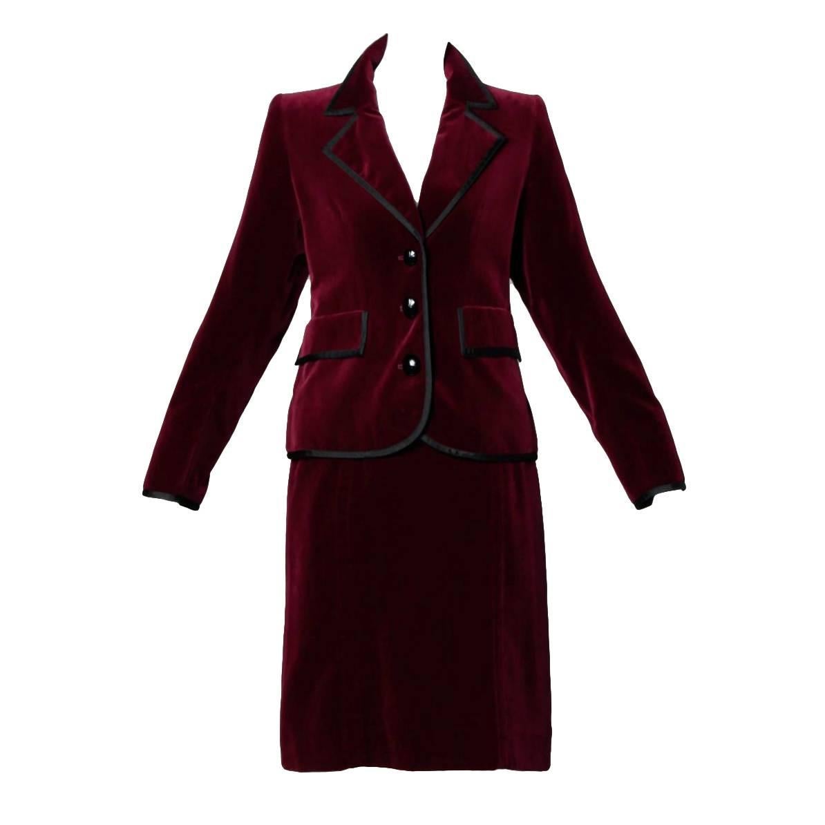 Yves Saint Laurent YSL Vintage Burgundy Velvet Jacket + Skirt Suit Ensemble