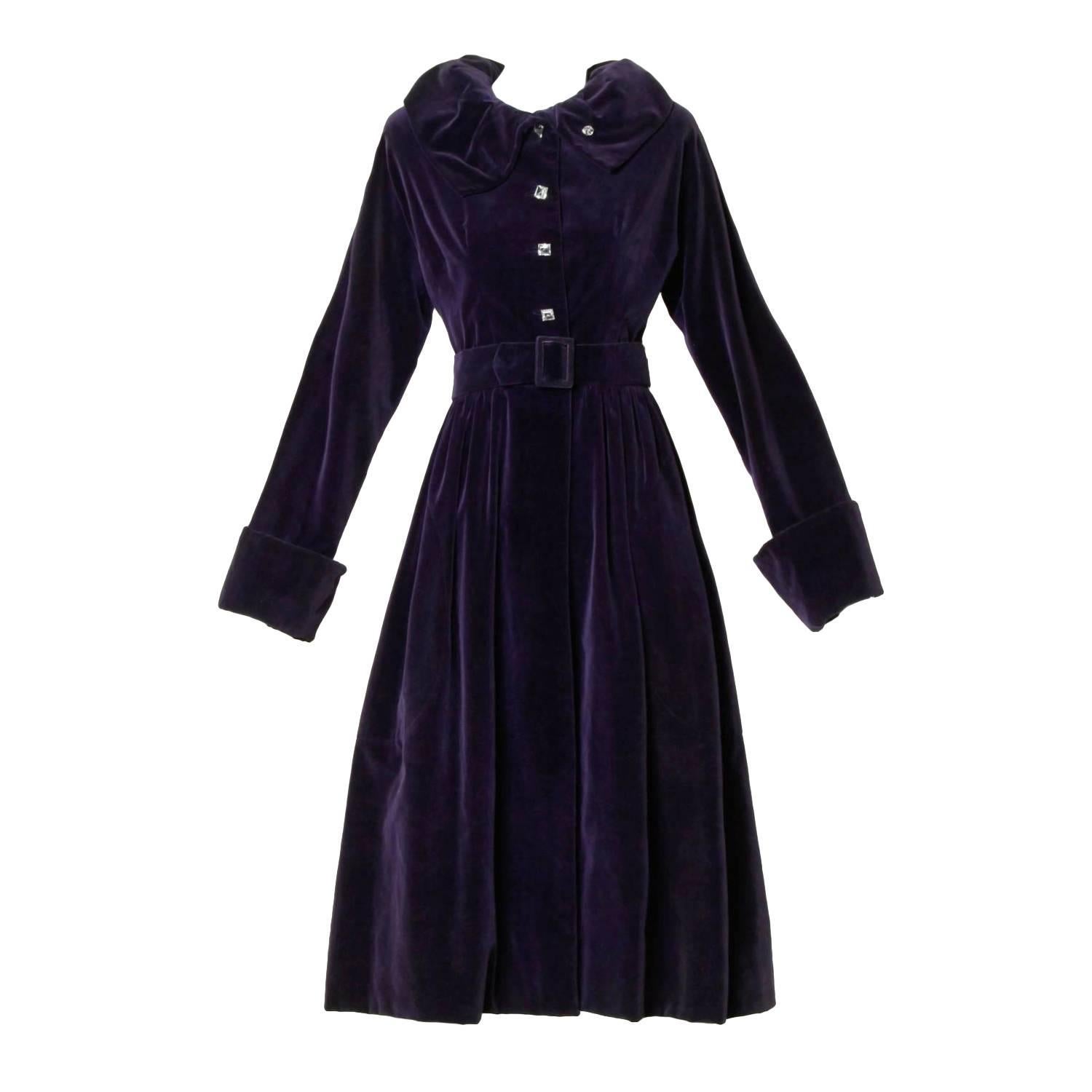 Gorgeous 1940s Vintage Purple Velvet Coat with Glass Buttons + Matching Belt