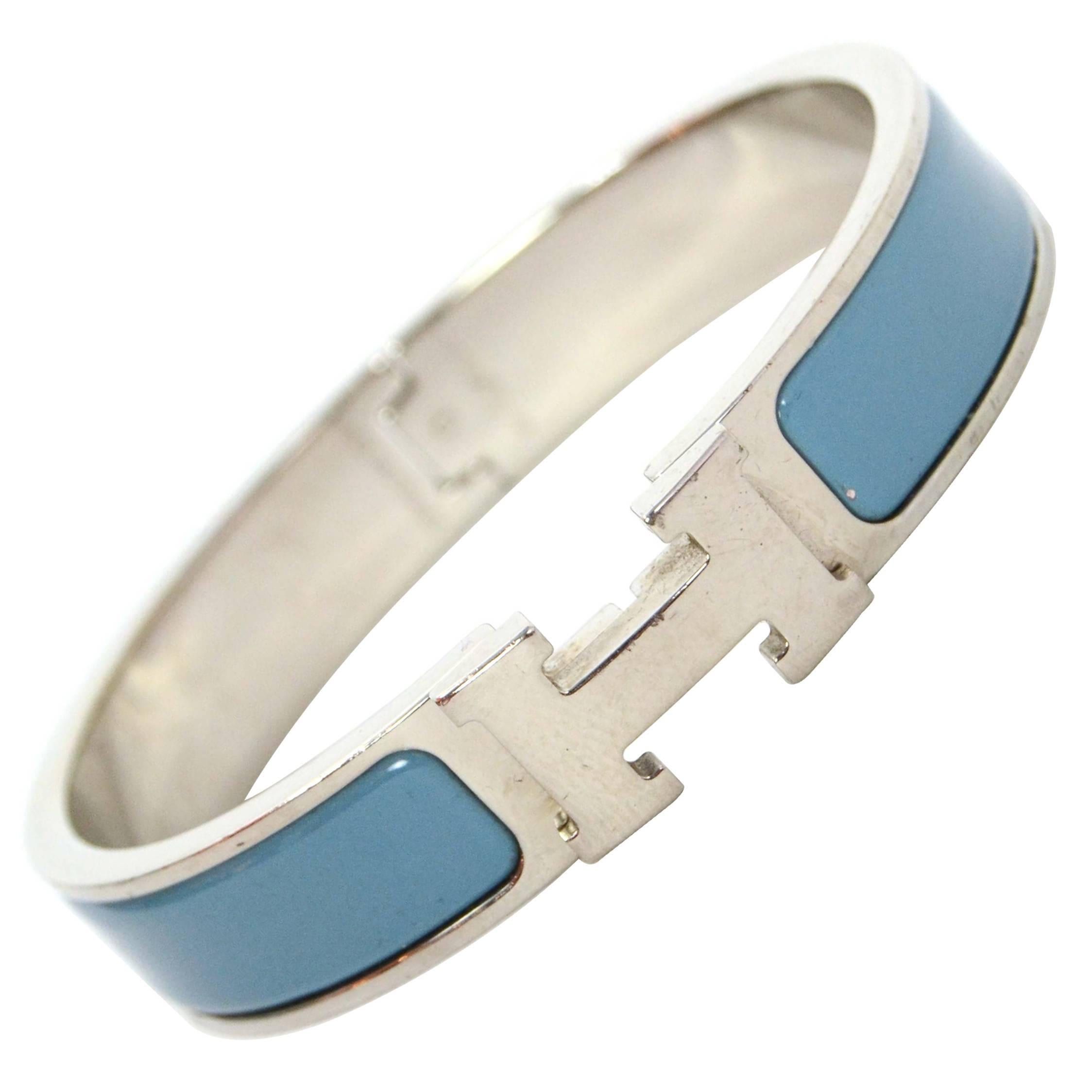 Hermes Blue Jean Palladium Enamel Narrow Clic Clic Bracelet