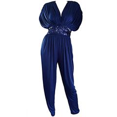 Amazing Vintage Royal Blue Jersey + Sequins 1970s 70s Disco Jumpsuit / Onesie