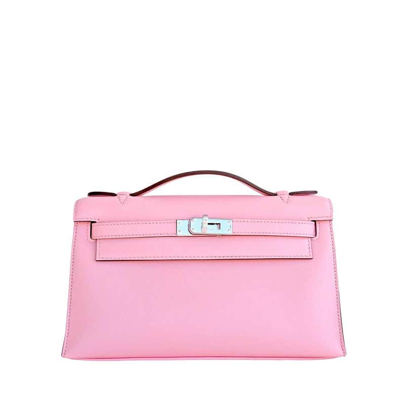 Hermes Rose Sakura Kelly Pochette Cut Clutch Bag Swift Palladium at ...