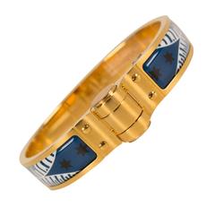 Hermes Bracelet Charniere Fin Eperon D'Or Email Plaque S Blue 2015
