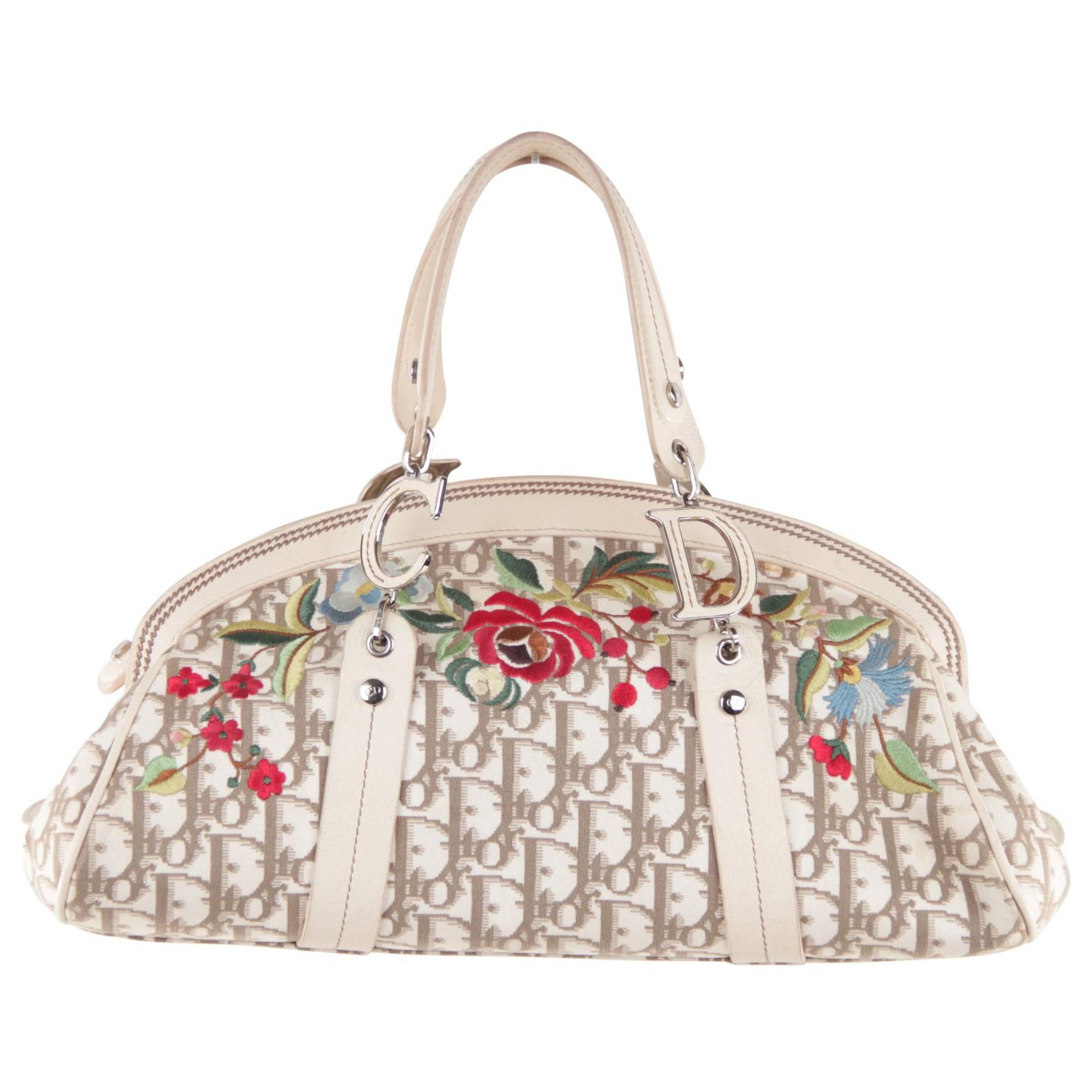 Christian Dior Diorissimo Beige Logo Canvas Satchel Handbag with Embroidery