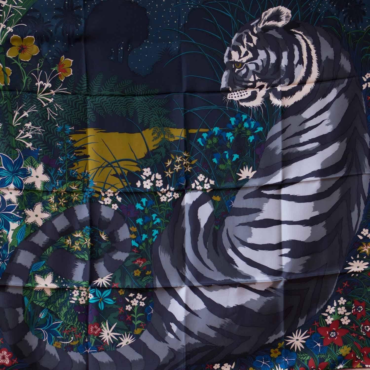 Hermes carre 100% Silk TYGER CARBON / GREY / TURQUOISE 2015.