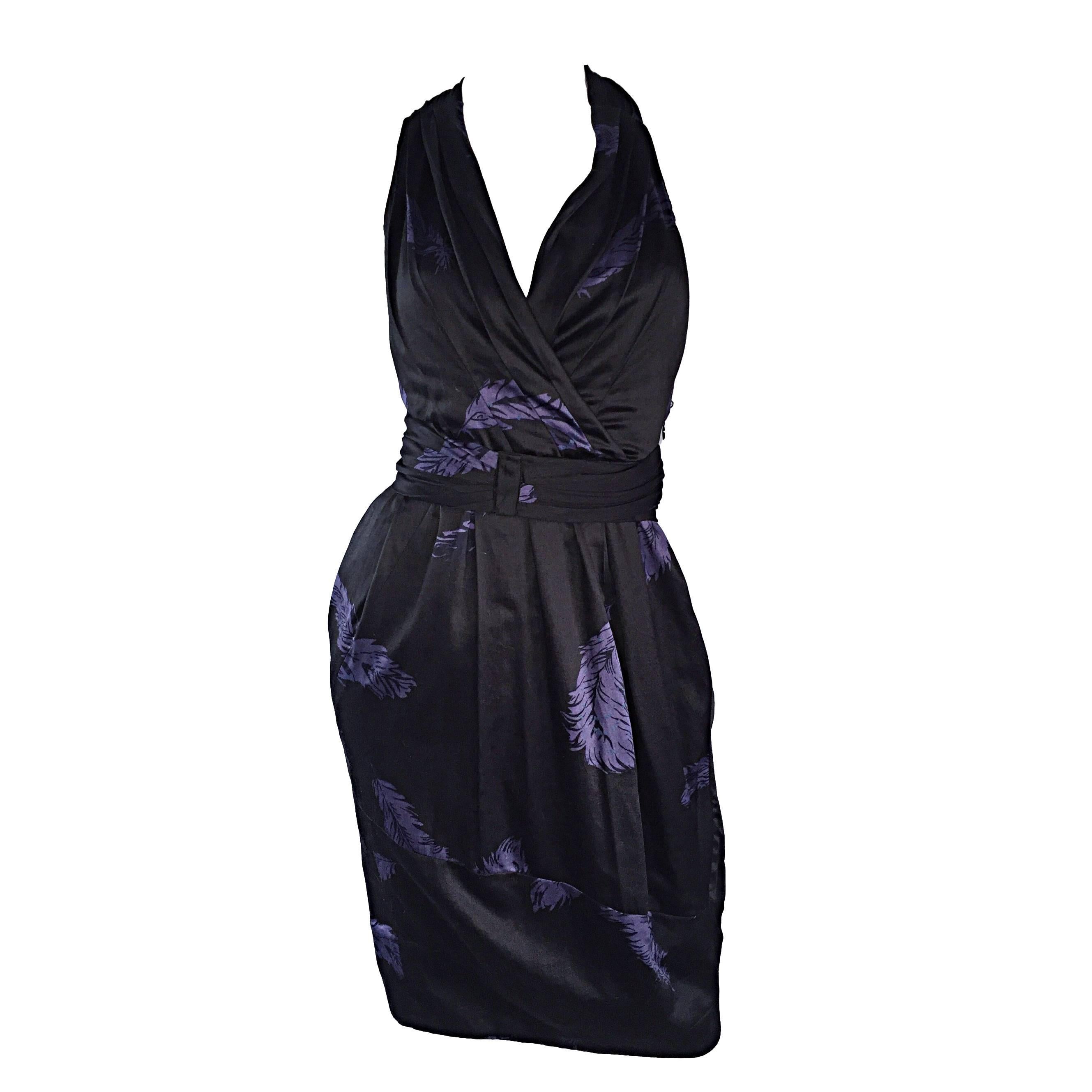 Marc Jacobs Sz 8 Black Purple Peacock Feather Print Cut Out Back Racerback Dress For Sale