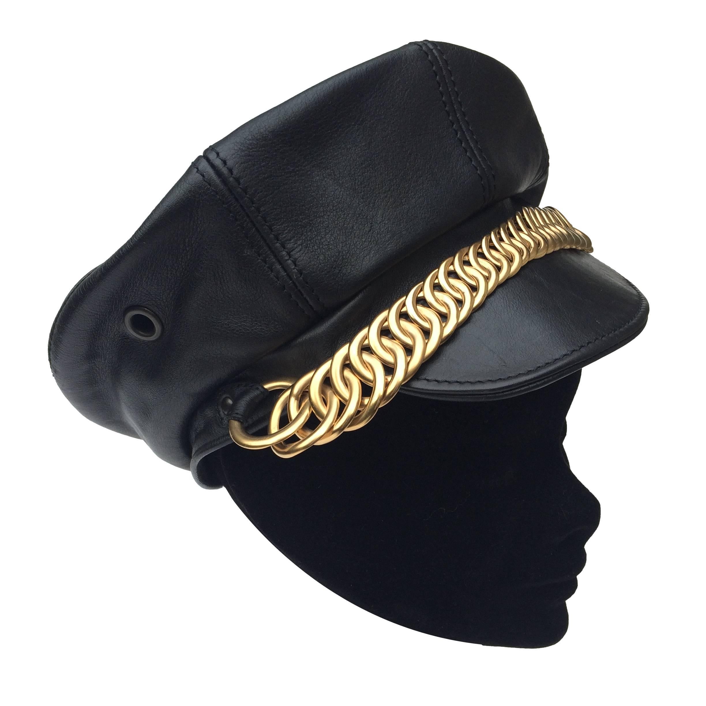  Balenciaga Black Leather and gilt metal peaked cap