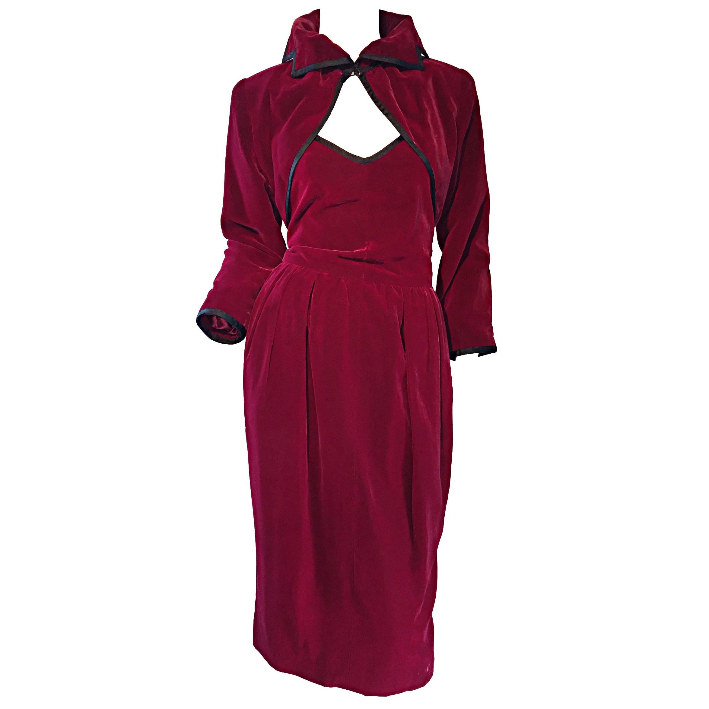 Amazing Vintage Yves Saint Laurent Burgundy Velvet Dress + Bolero Set C. 1981