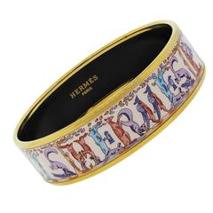 Hermes Enamel Printed Multi Color Animal Gold Tone Narrow Bangle Bracelet