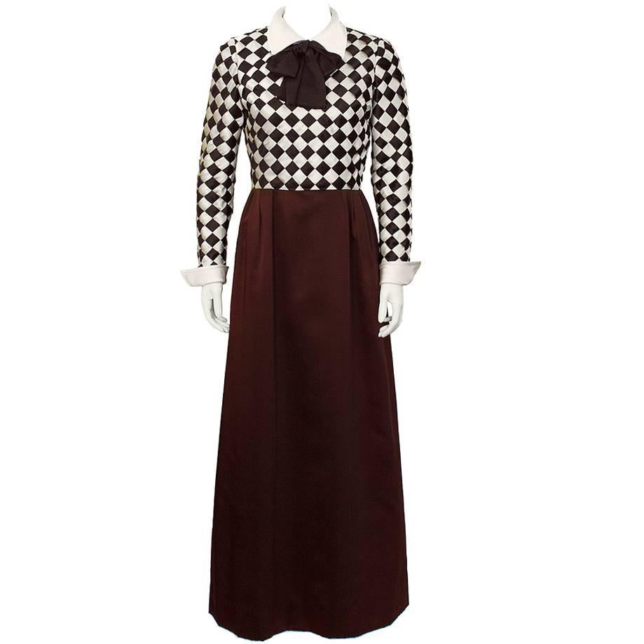 1960's Harry Algo Brown and Cream Satin Gown For Sale