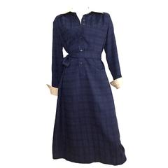 Vintage Lanvin Navy Plaid Shirt Dress Size  10 / 12, 1970s 