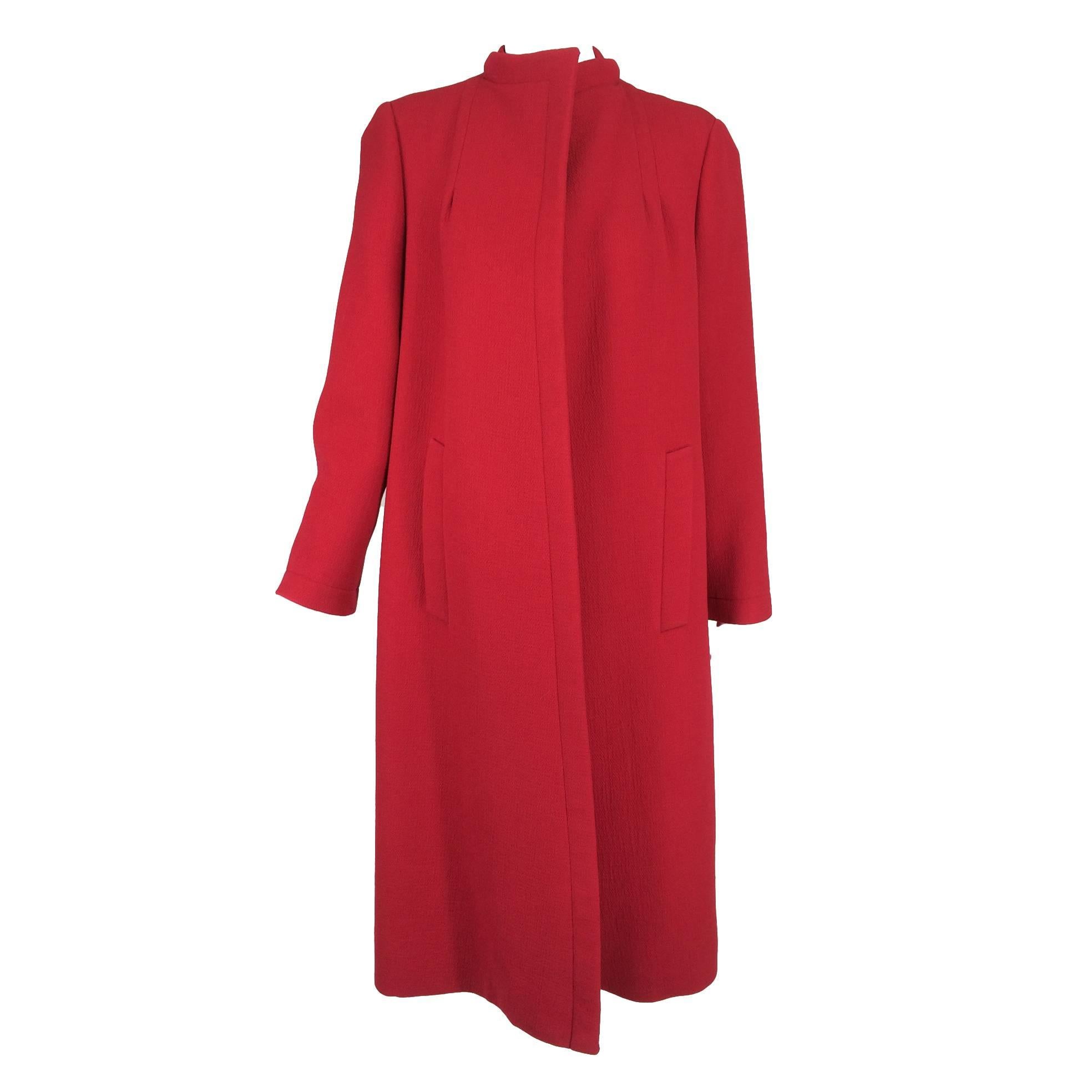 Pauline Trigere chic cherry red wool open front coat 1950s