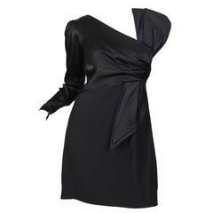 1980S BILL BLASS Black Rayon Crepe Back Satin One Sleeve Giant Bow Cocktail Dre
