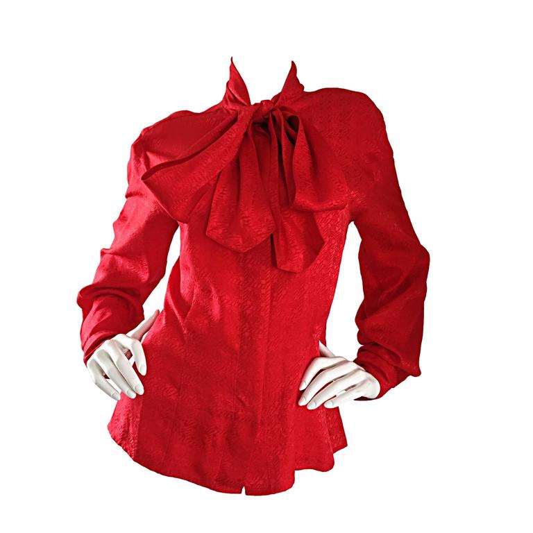 Vintage Christian Dior Red Silk Blouse w/ Pussycat Bow / Scarf at 
