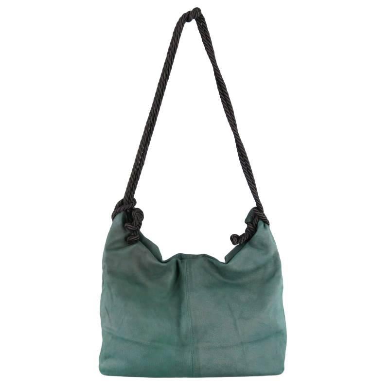 DONNA KARAN Emerald Green Matte Leather Snap Black Rope Shoulder Bag